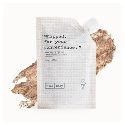 Kūno šveitiklis Frank Body Express-o Scrub , su cukraus granulėmis, cinamonu, migdolų ir makadamijos riešutų aliejais, 150 g